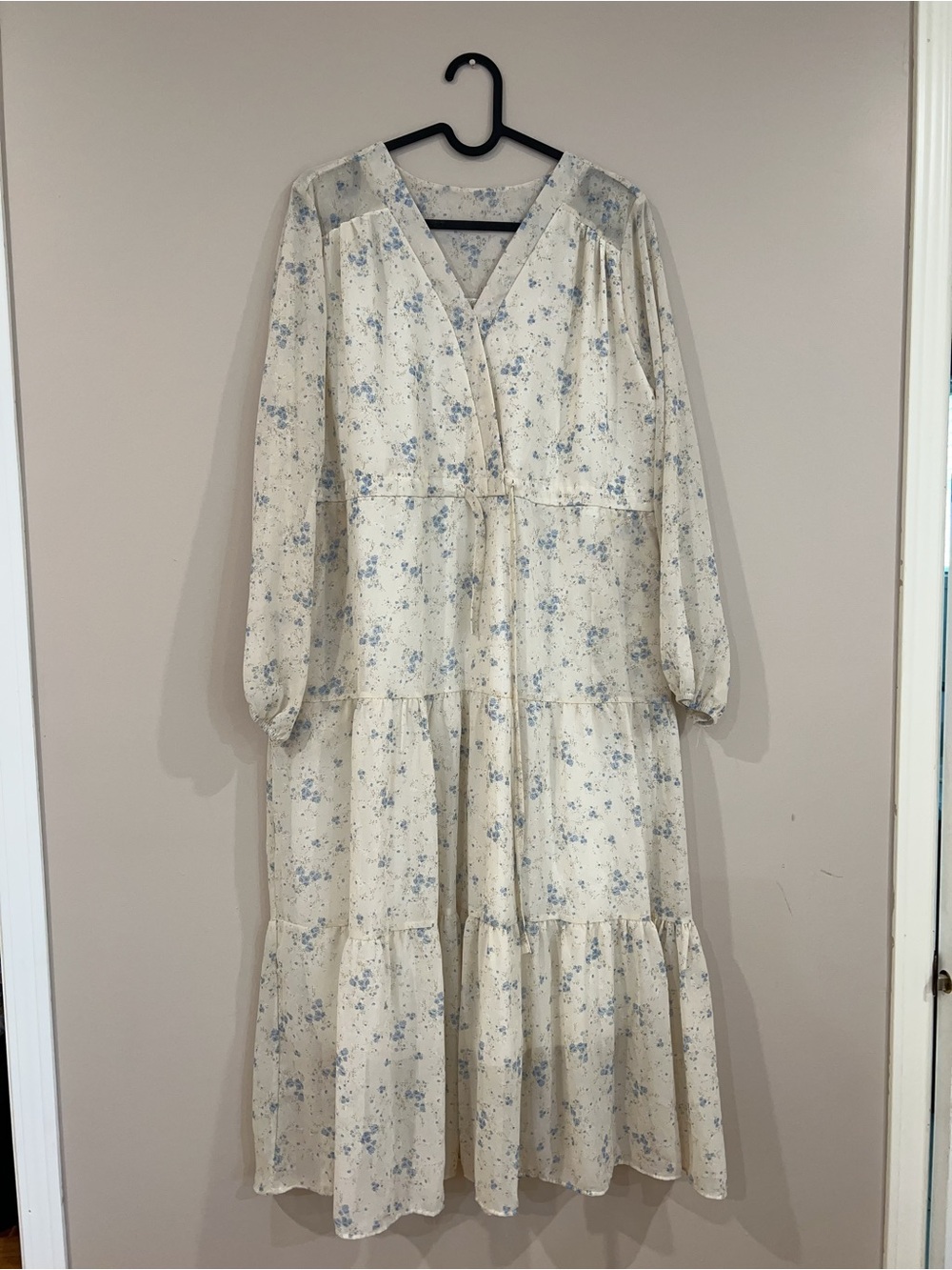 Cream Floral Tiered Long Sleeve Dress with Blue Print